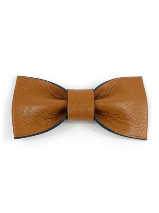 Nœud papillon en cuir camel, teinture de tranche bleu marine